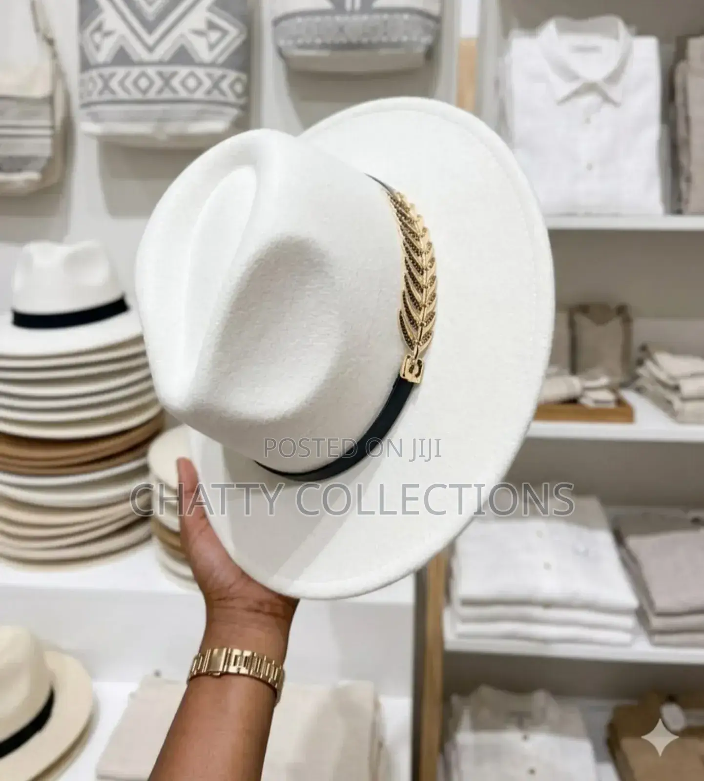 White Unisex Wide Brim Fedora Hats With Black And Gold Ribbon