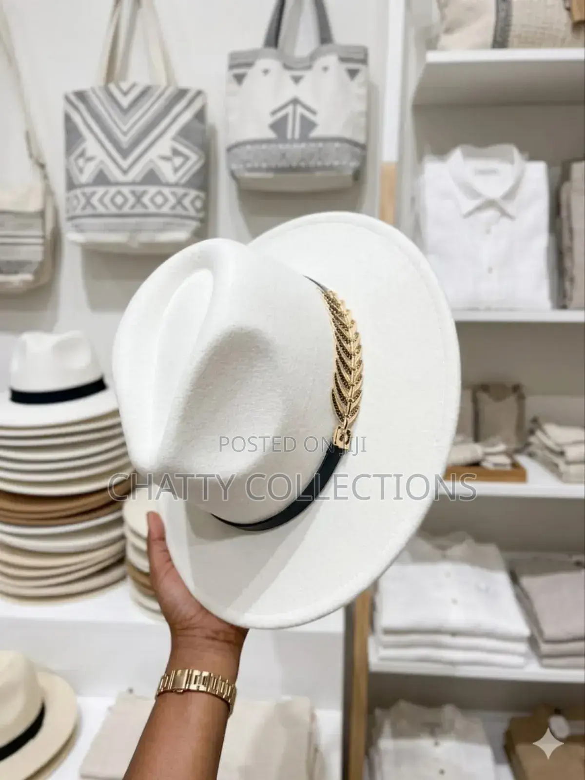 White Unisex Wide Brim Fedora Hats With Black And Gold Ribbon