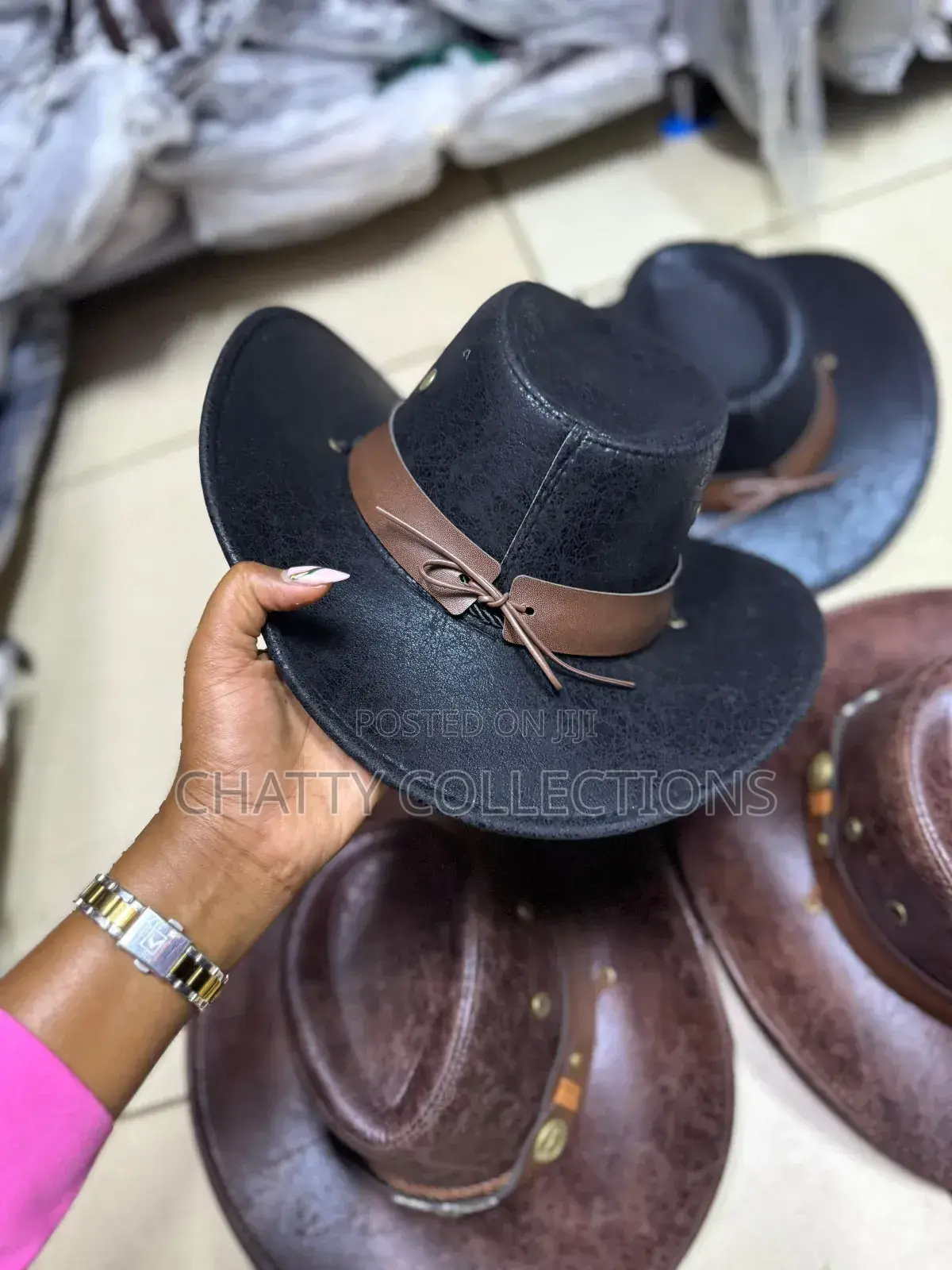 Black Leather Like Cowboy Cowgirl Adult Hats