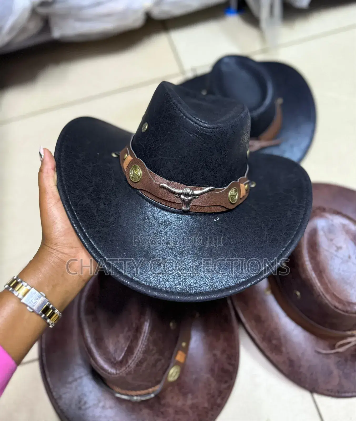 Black Leather Like Cowboy Cowgirl Adult Hats