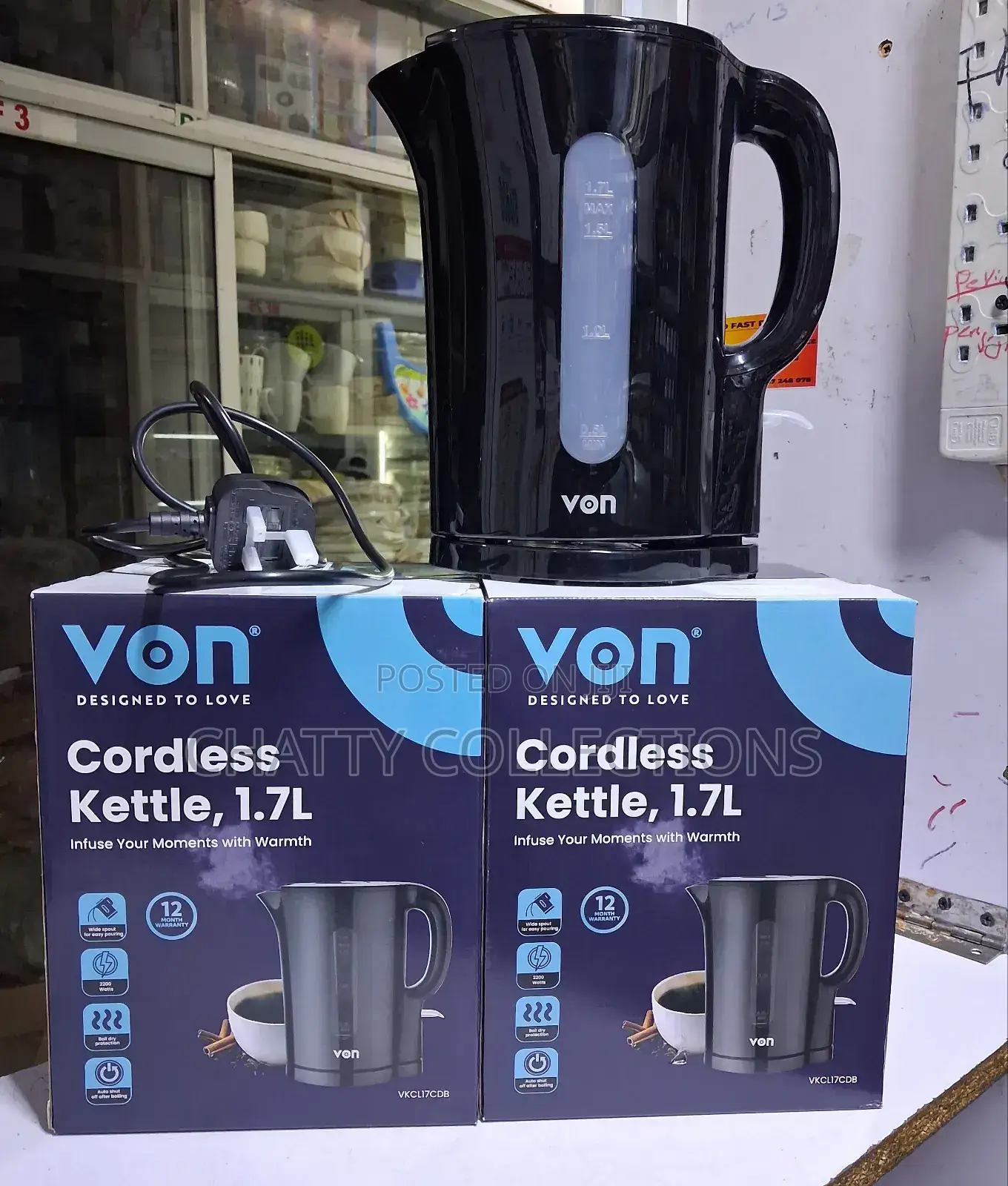 Black 1.7 Litres Upright Von Cordless Kettle