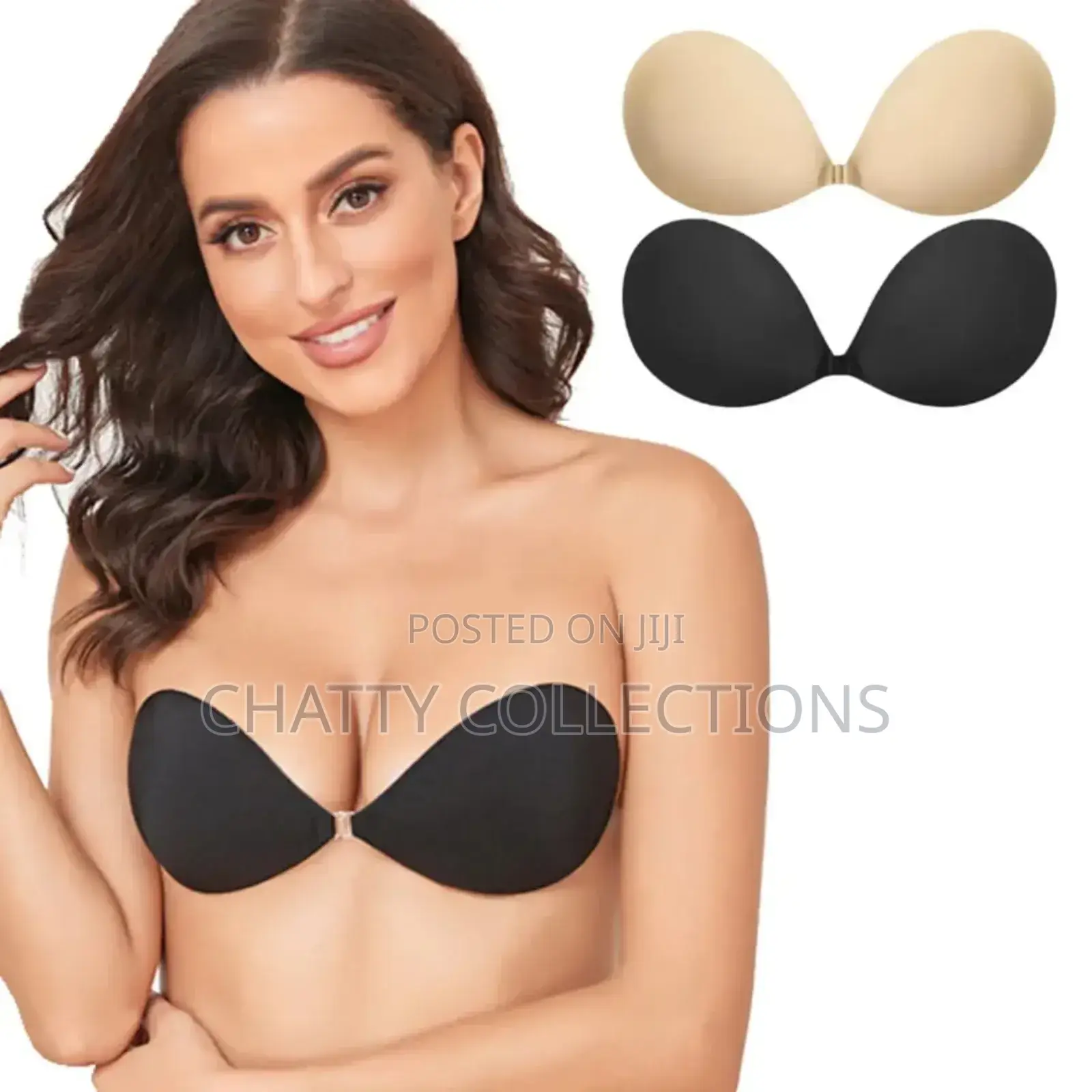 Beige and Black Front Buckle Silicone Srapless Bras