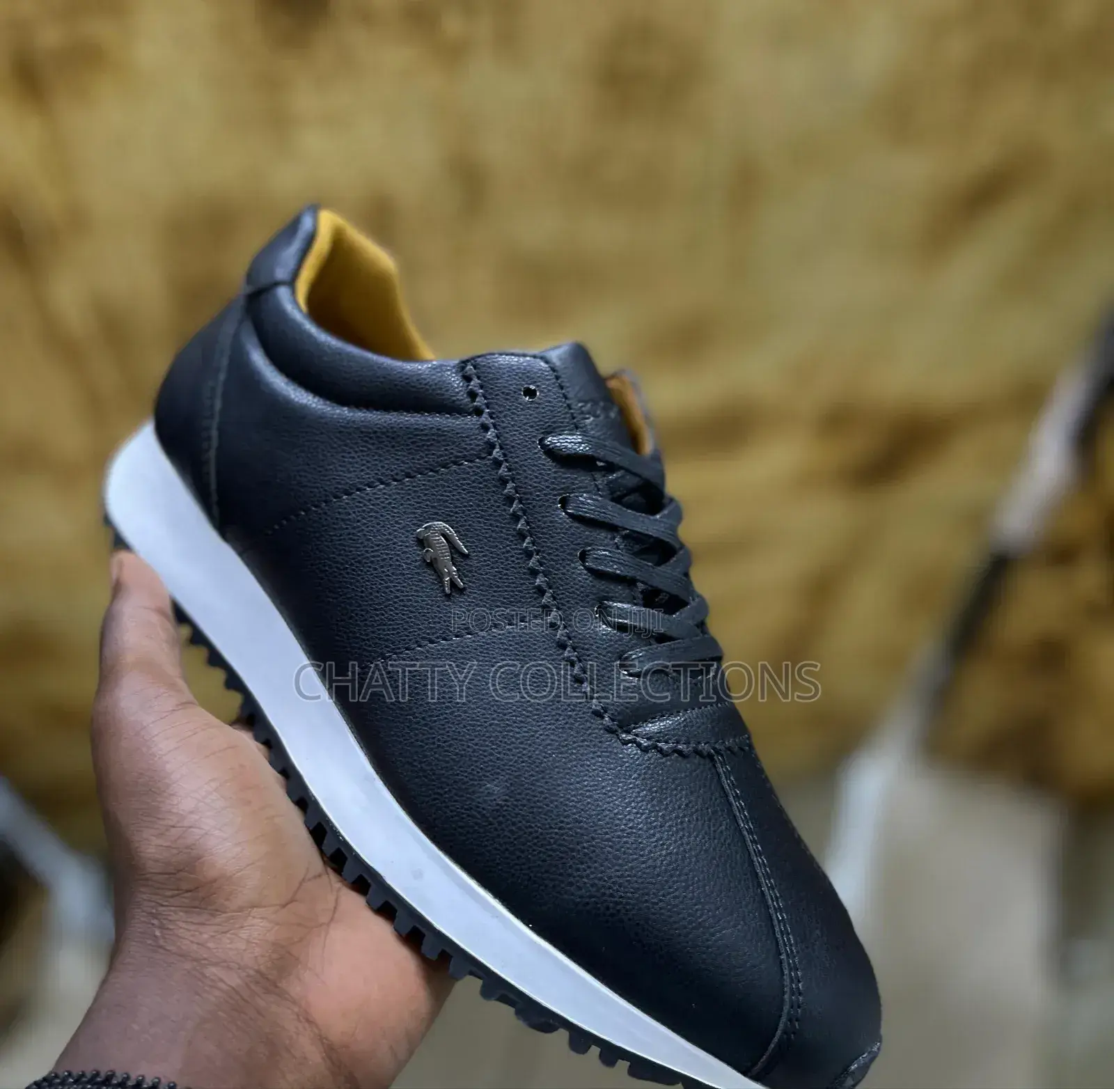 Black Lacoste Men Casual Leather Shoes With Rubber Sole