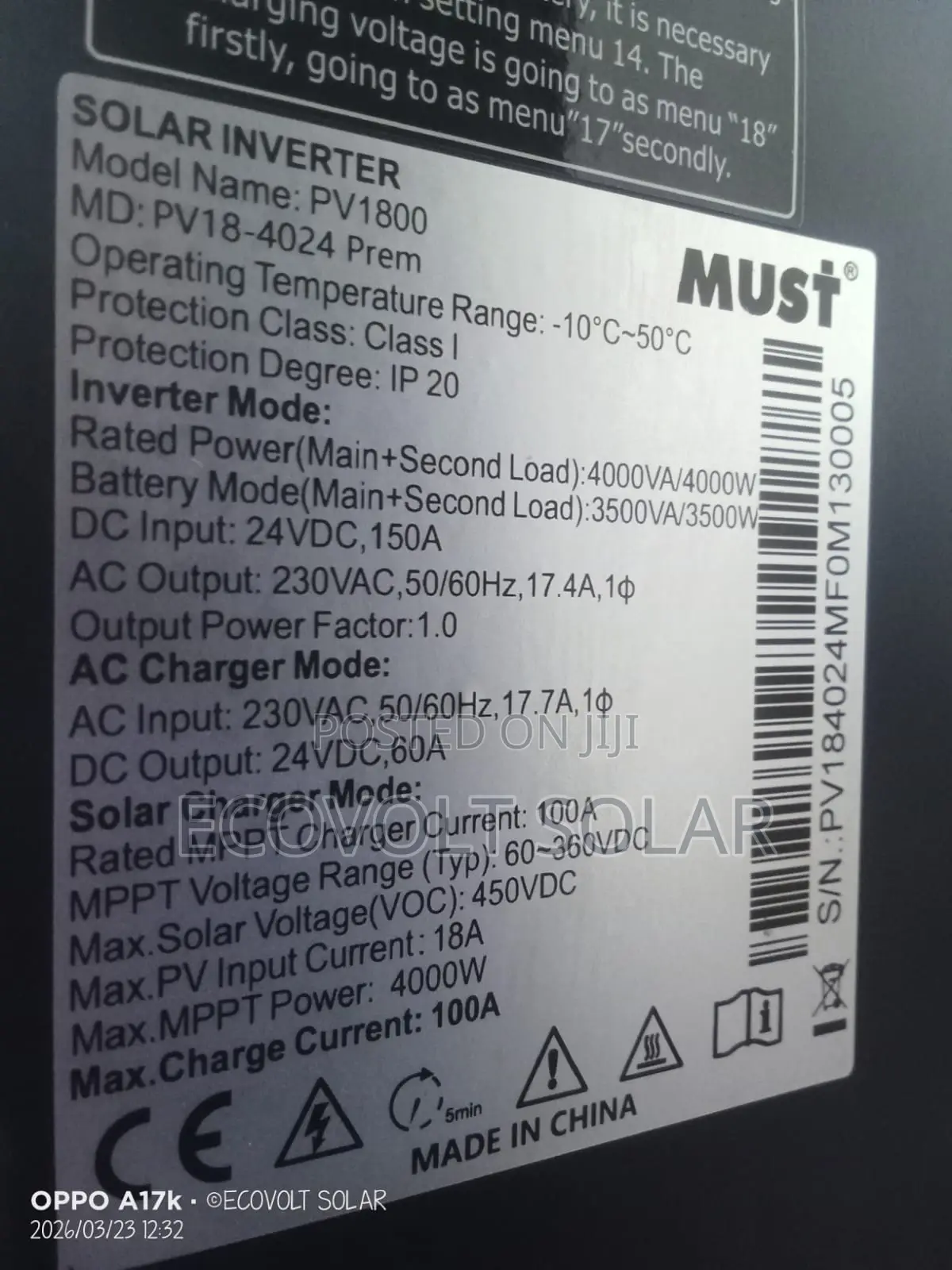 3.5kva 24v 100a 450vdc Must Hybrid Inverter Inbuilt With Dongle