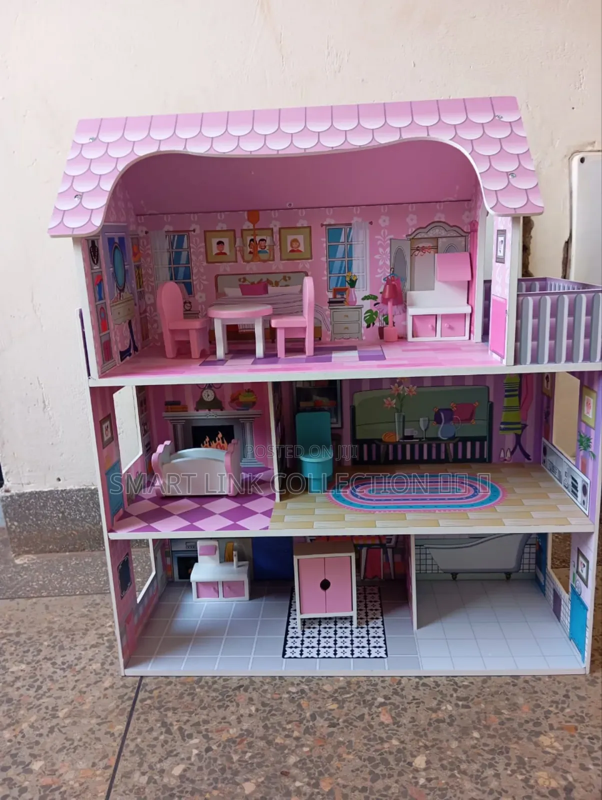 Pink Wooden Kids Doll House With Furniture Set