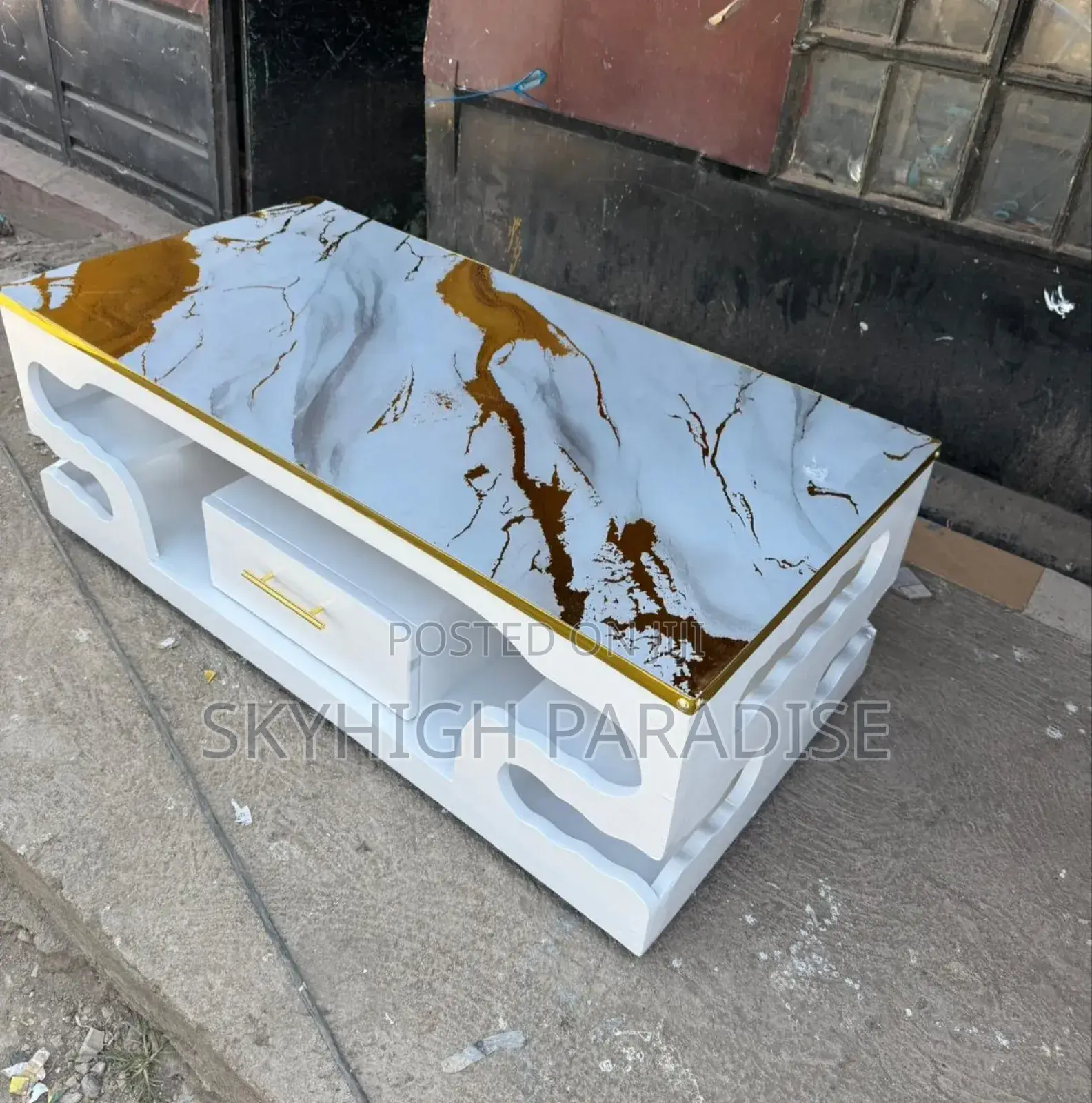 Executive White Coffee Table With Marble Topping