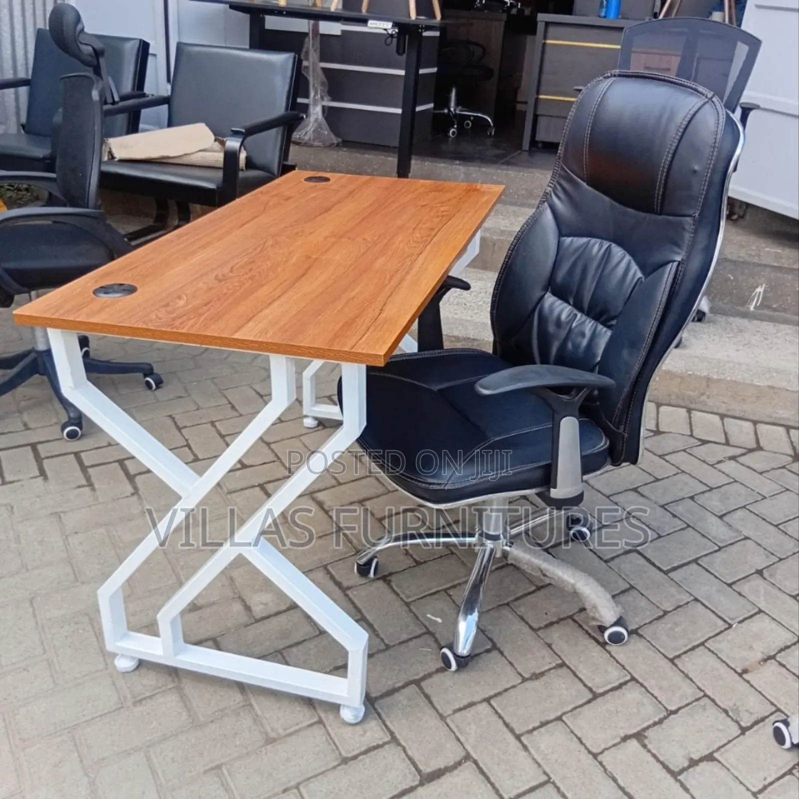 Modern Metallic Study Table and Leather Chair