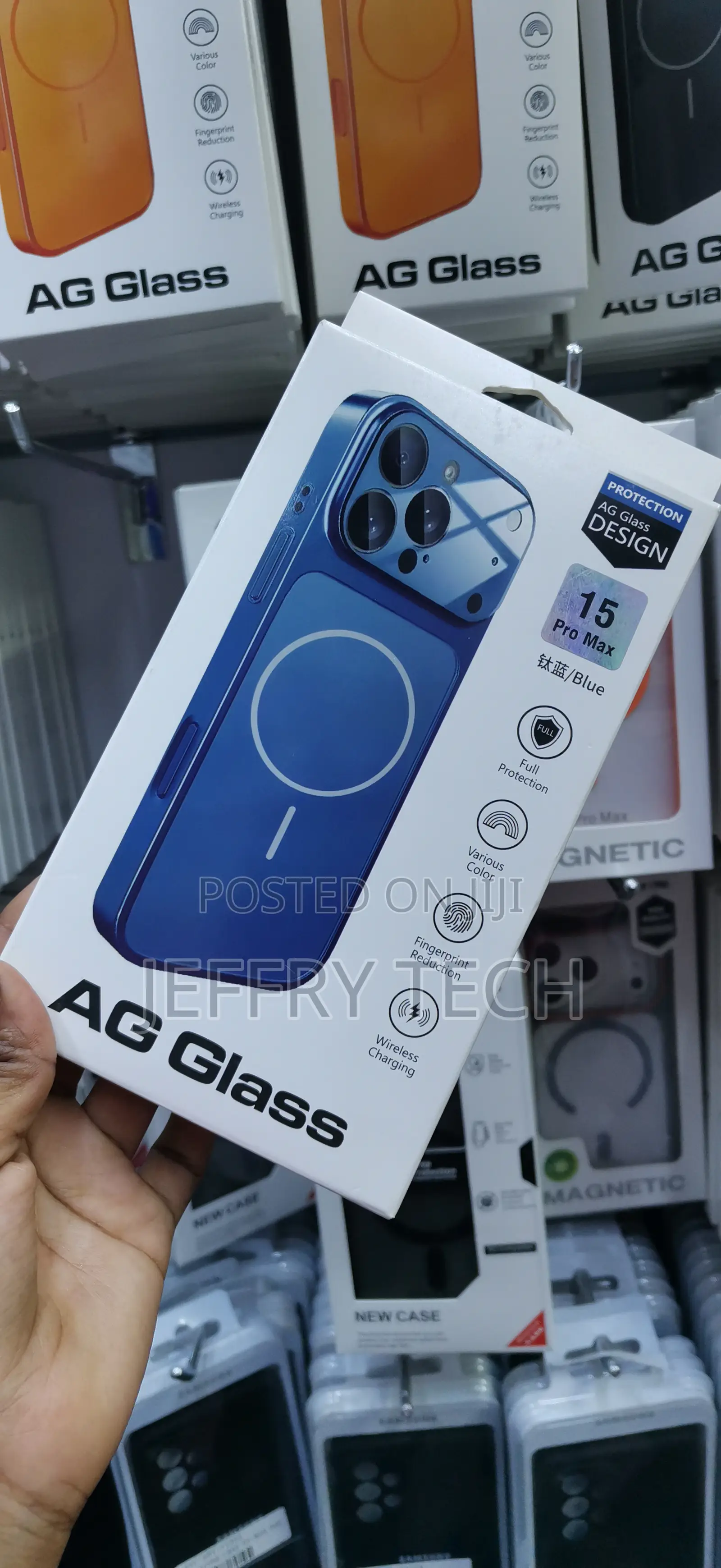 Blue Ag Glass Magnetic Back Cover Case for iPhone 15 Pro Max.