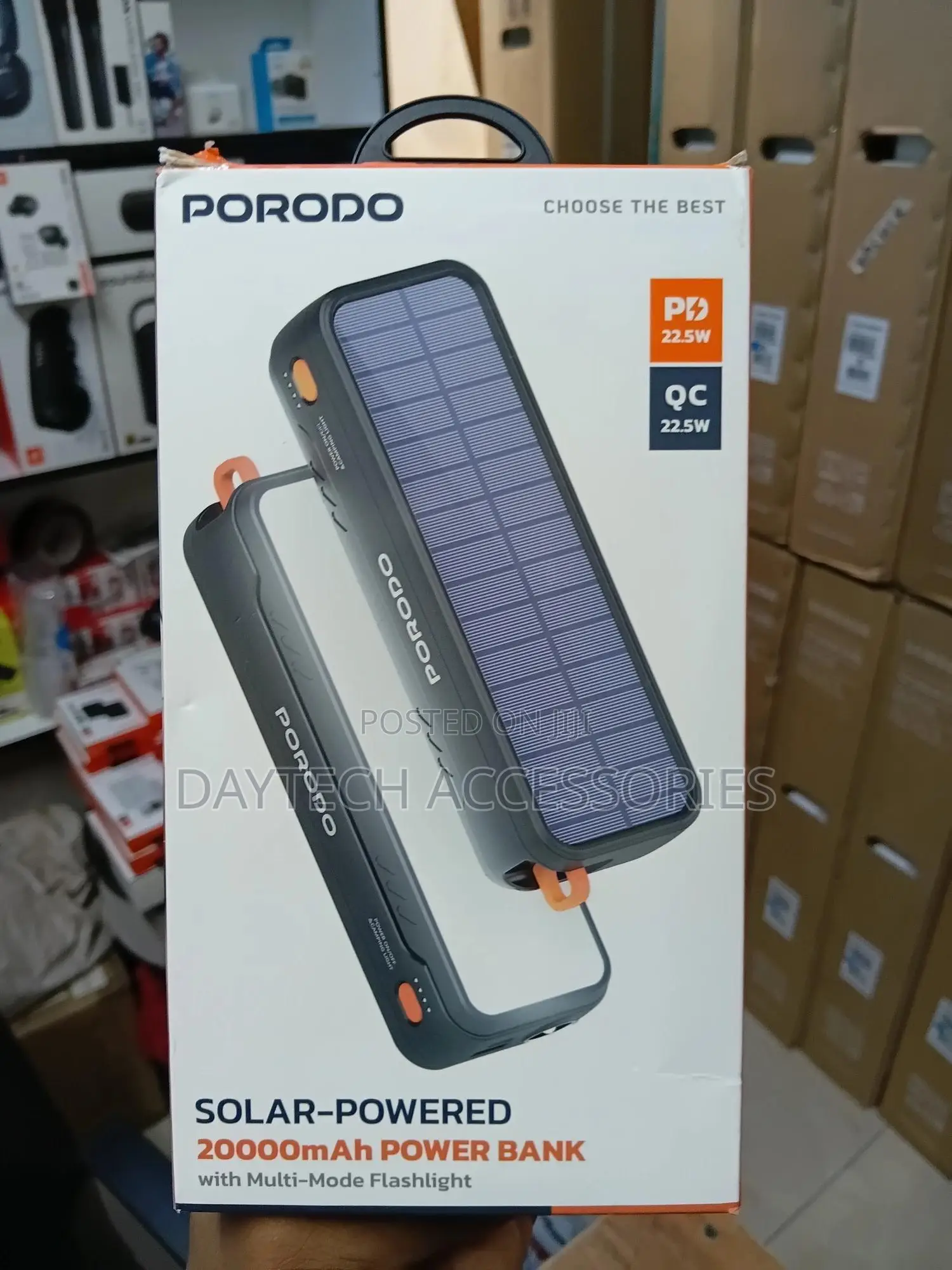Porodo 20000mah Solar-Powered Power Bank With Multi-Mode Flashlight.