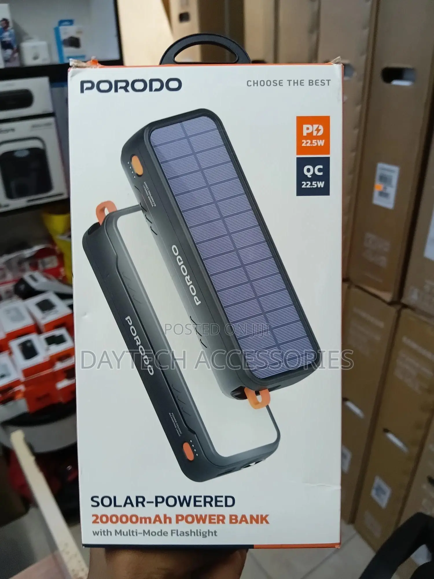 Porodo 20000mah Solar-Powered Power Bank With Multi-Mode Flashlight.