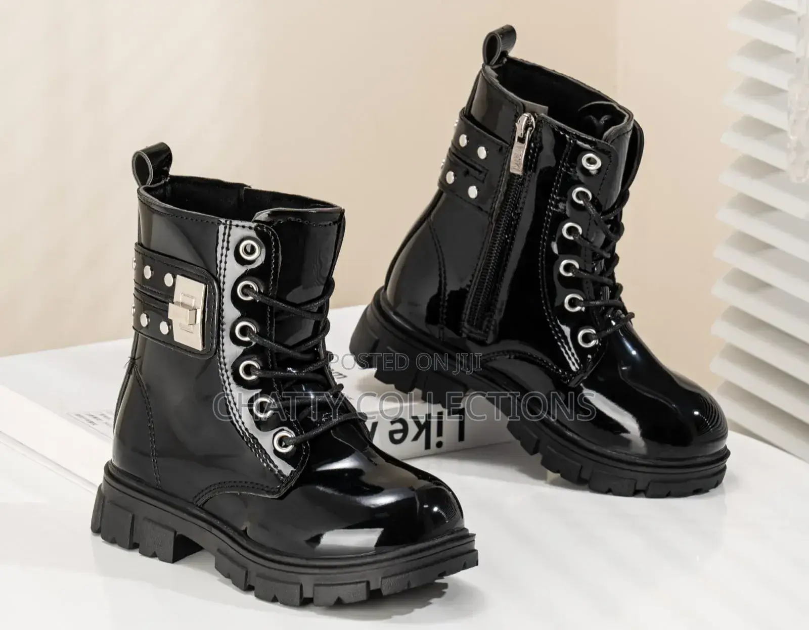 Black Wetlook Shiny Unisex Kids Leather Boots Sizes: 21_38