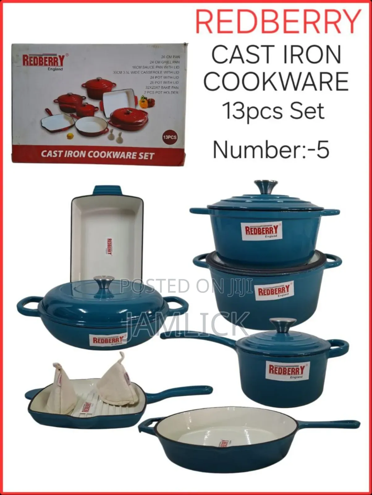 Redberry 13pcs Premium Enamel Coated Cast Iron Cookware Set – Red