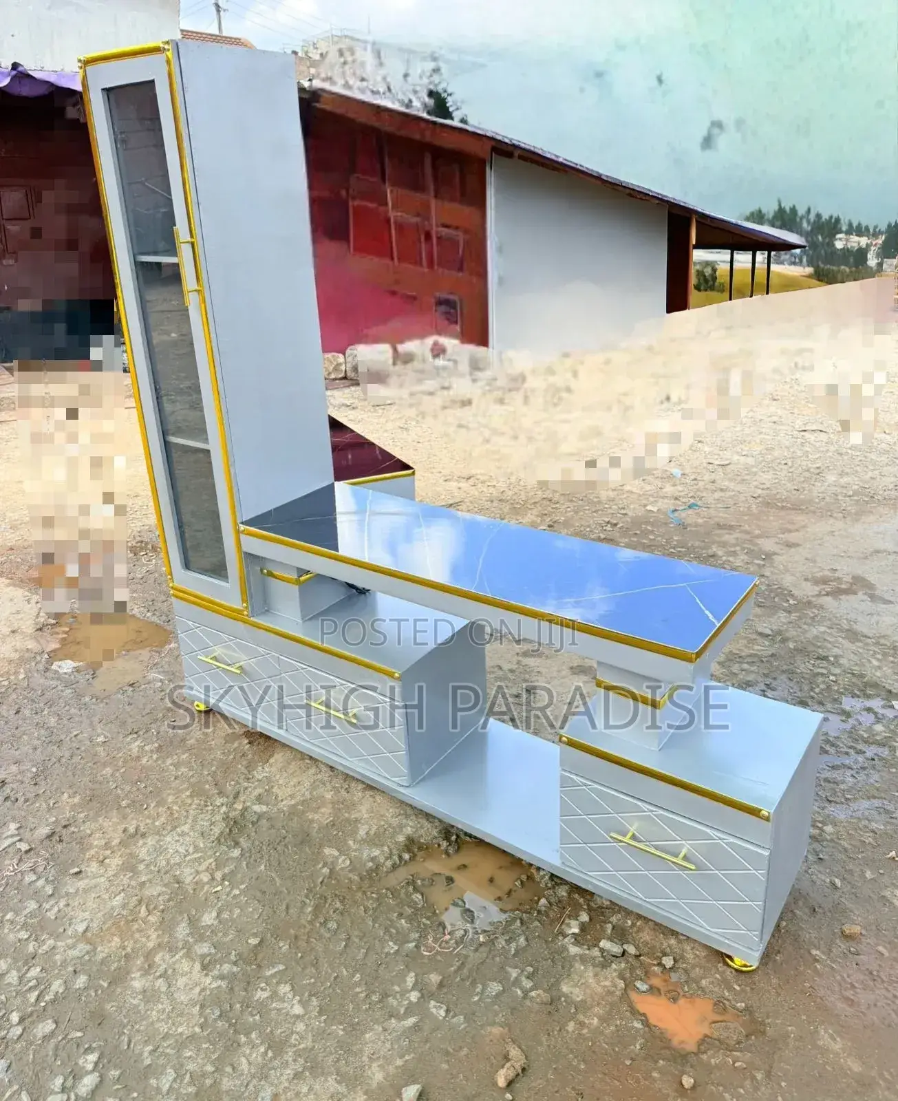 Executive Extended Tv Stand With Marble Coating and Shelf Cabinet