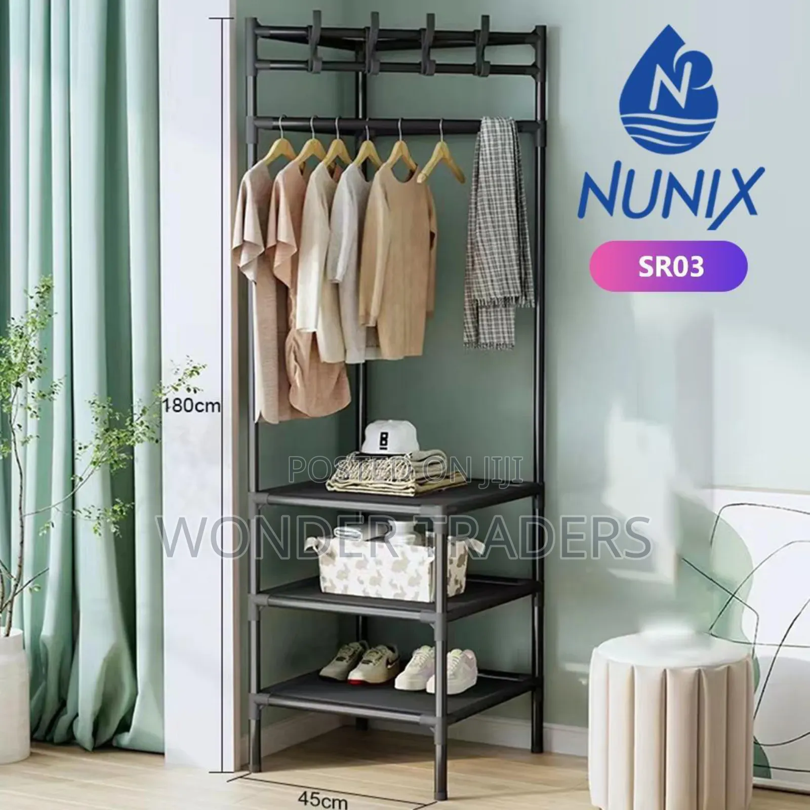 3in1 Standing Corner Clothes and Coat Rack With Shelves a Shoe Rack