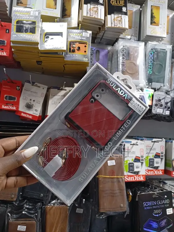 Sulada Brand Leather Case for a Samsung Galaxy Z Flip Phone, Shoulder