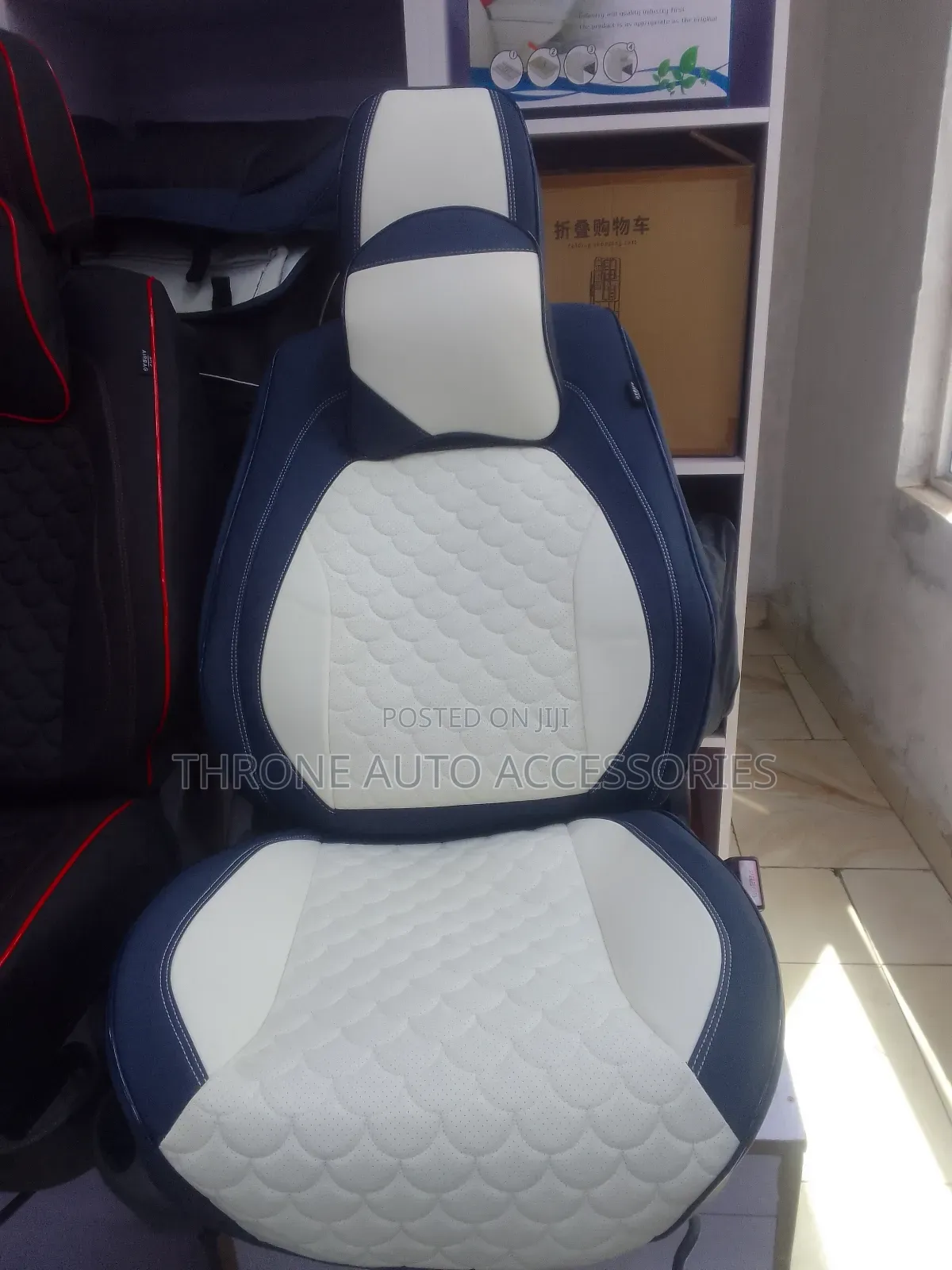 White and Blue Seat Covers for 5 Seater Vehicles