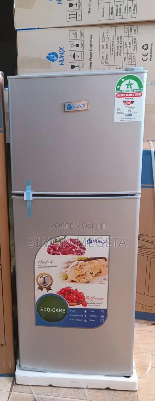 Large-Capacity 138l Nunix Double-Door Refrigerator in Silver.