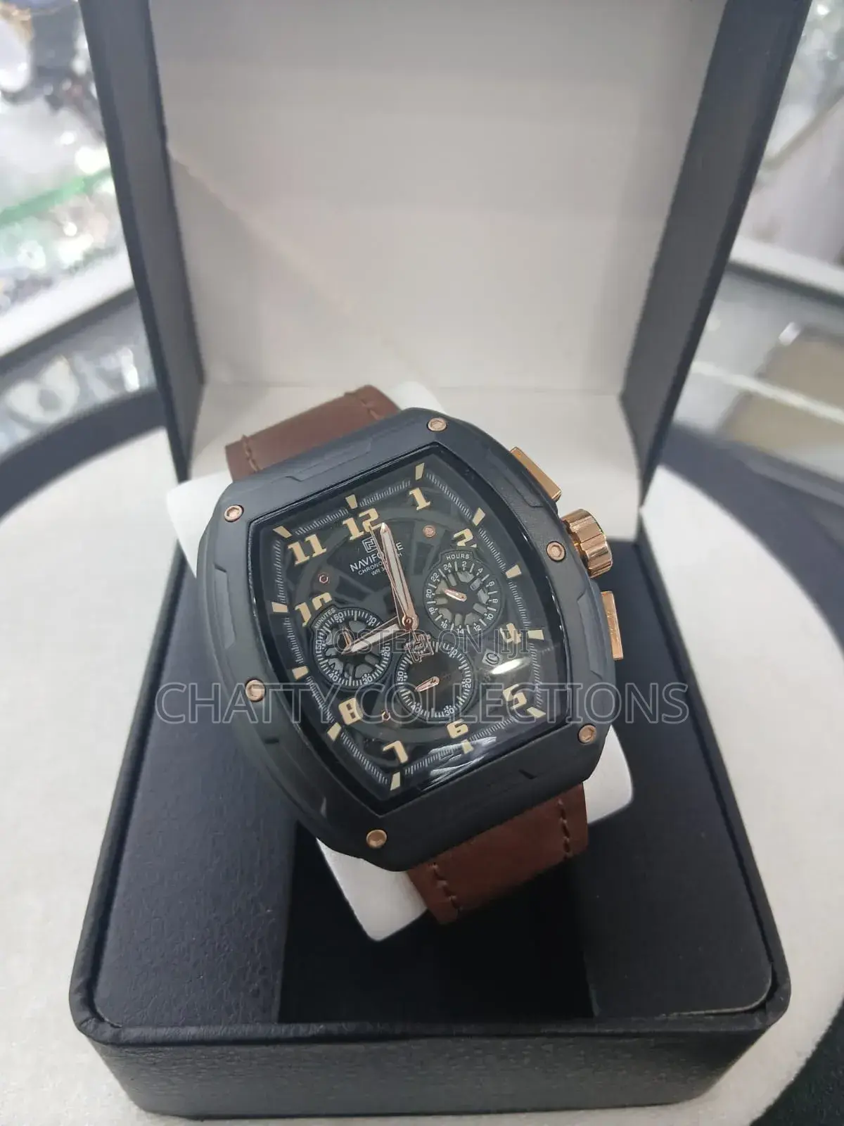 Black Naviforce Gents Watches With Light Brown Leather Strap