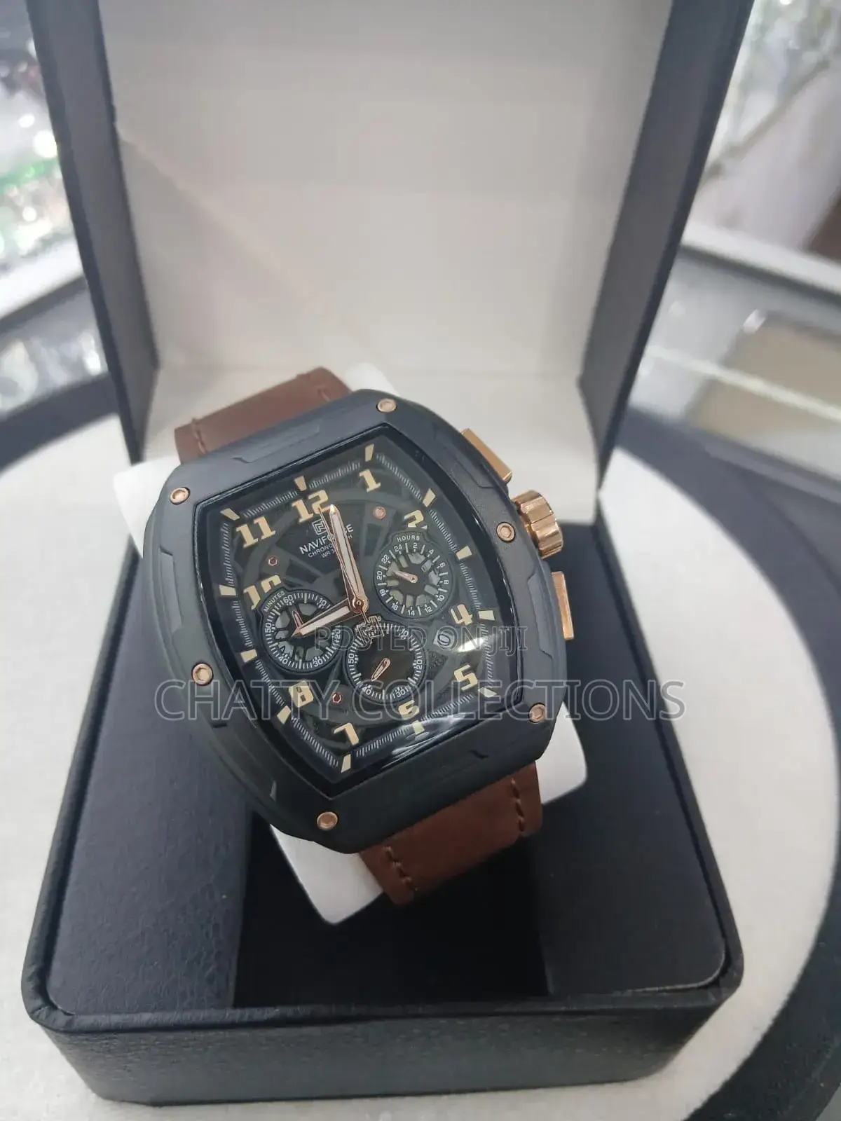 Black Naviforce Gents Watches With Light Brown Leather Strap