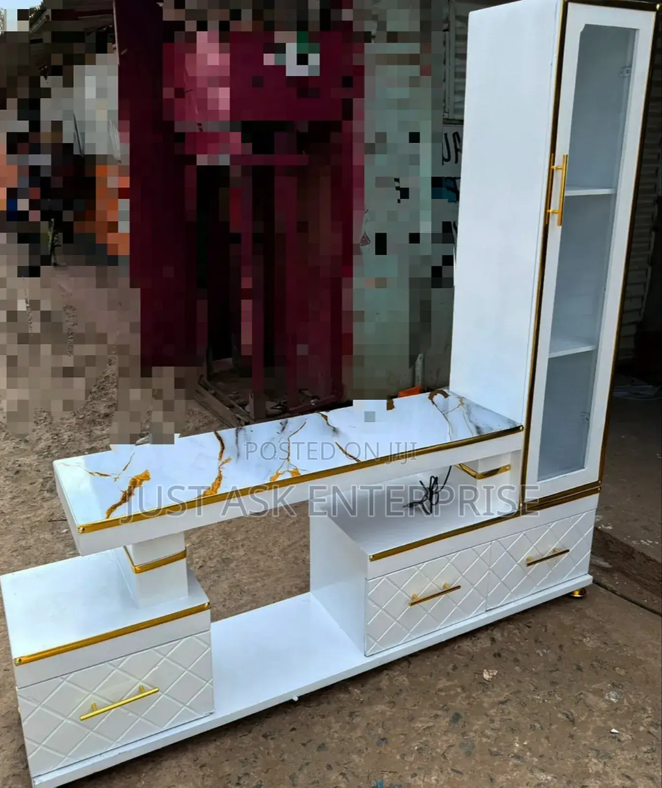 Executive Extended Tv Stand - Marble Coating and Shelf Cabinet