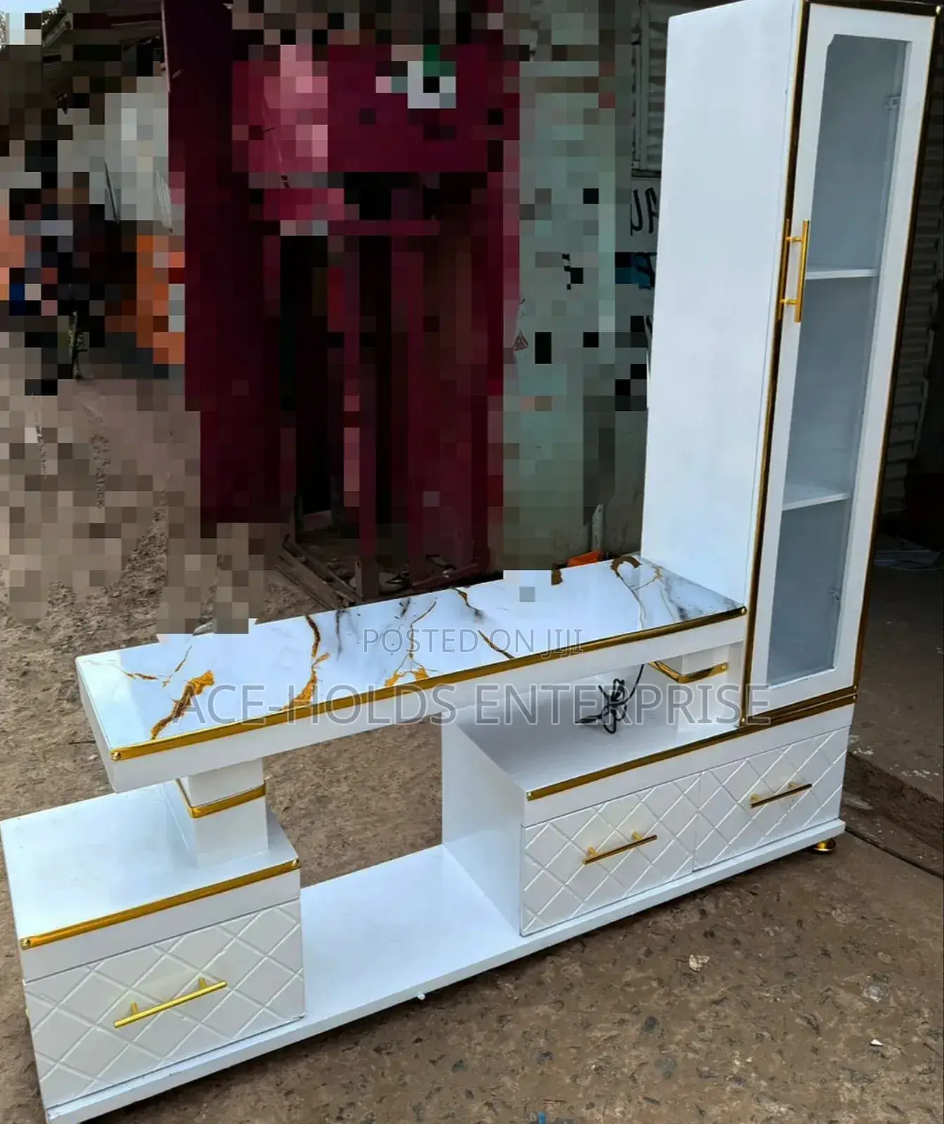 Executive Extended Tv Stand - Marble Coating and Shelf Cabinet