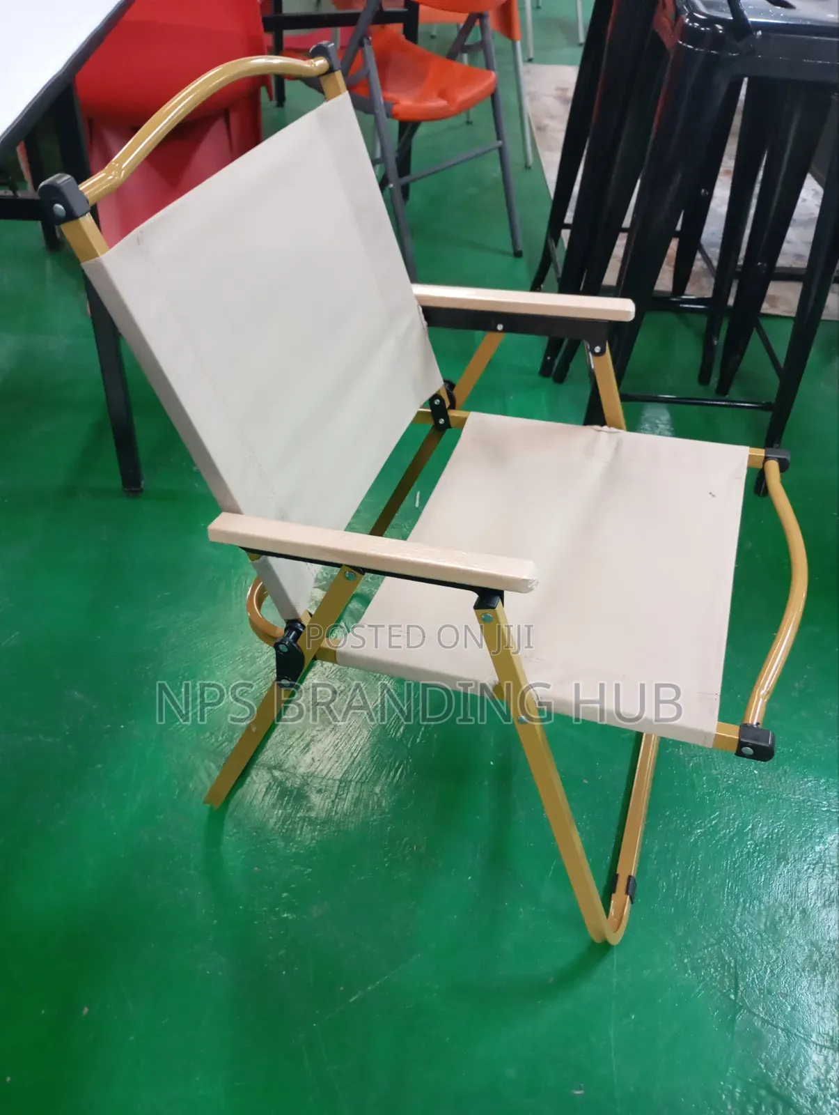 Foldable Outdoor Camping Chair With Metal Frame and Wooden Armrests