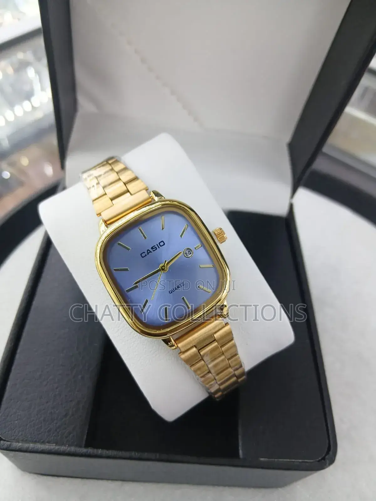 Gold Sky-Blue Unisex Square Casio Wrist Watches With Calendar