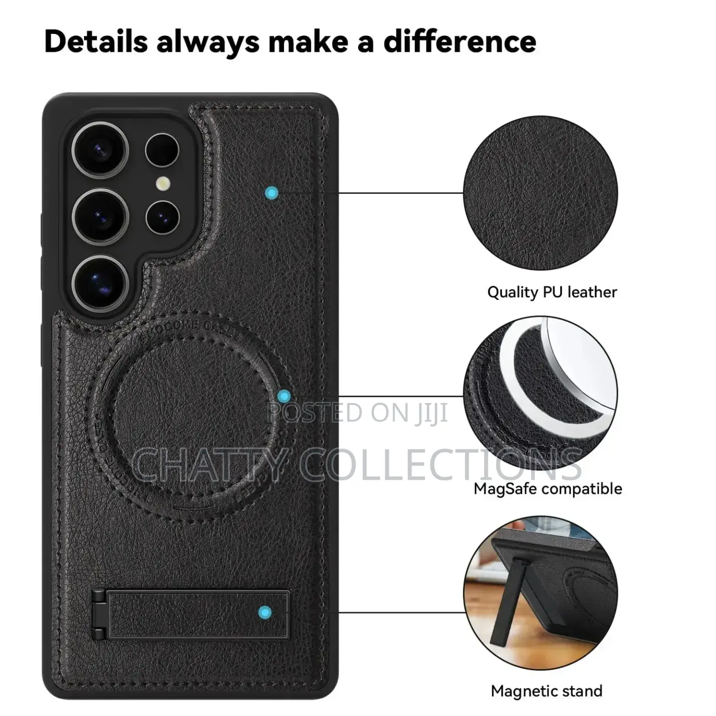 Black Magnetic Samsung Leather Phone Case With a Stand