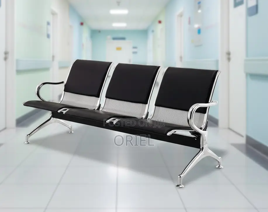 Office Bench : Black Pu Leather 3-Linked Office Waiting Bench