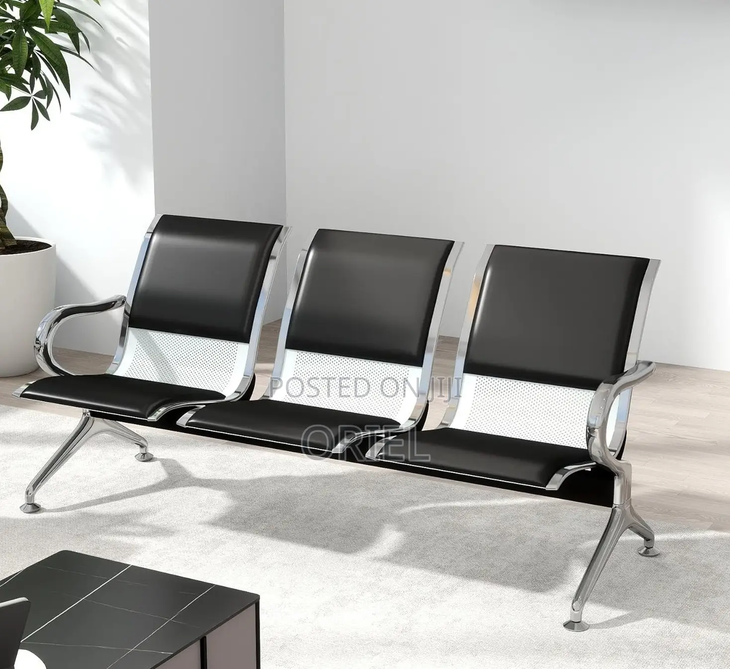 Office Bench : Black Pu Leather 3-Linked Office Waiting Bench