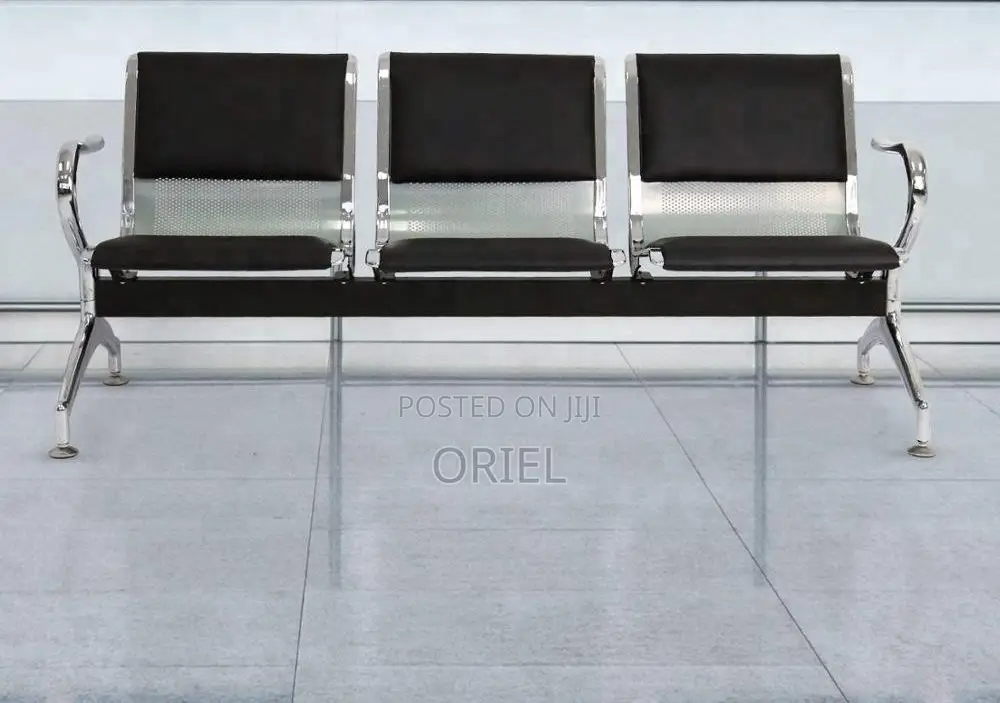 Office Bench : Black Pu Leather 3-Linked Office Waiting Bench