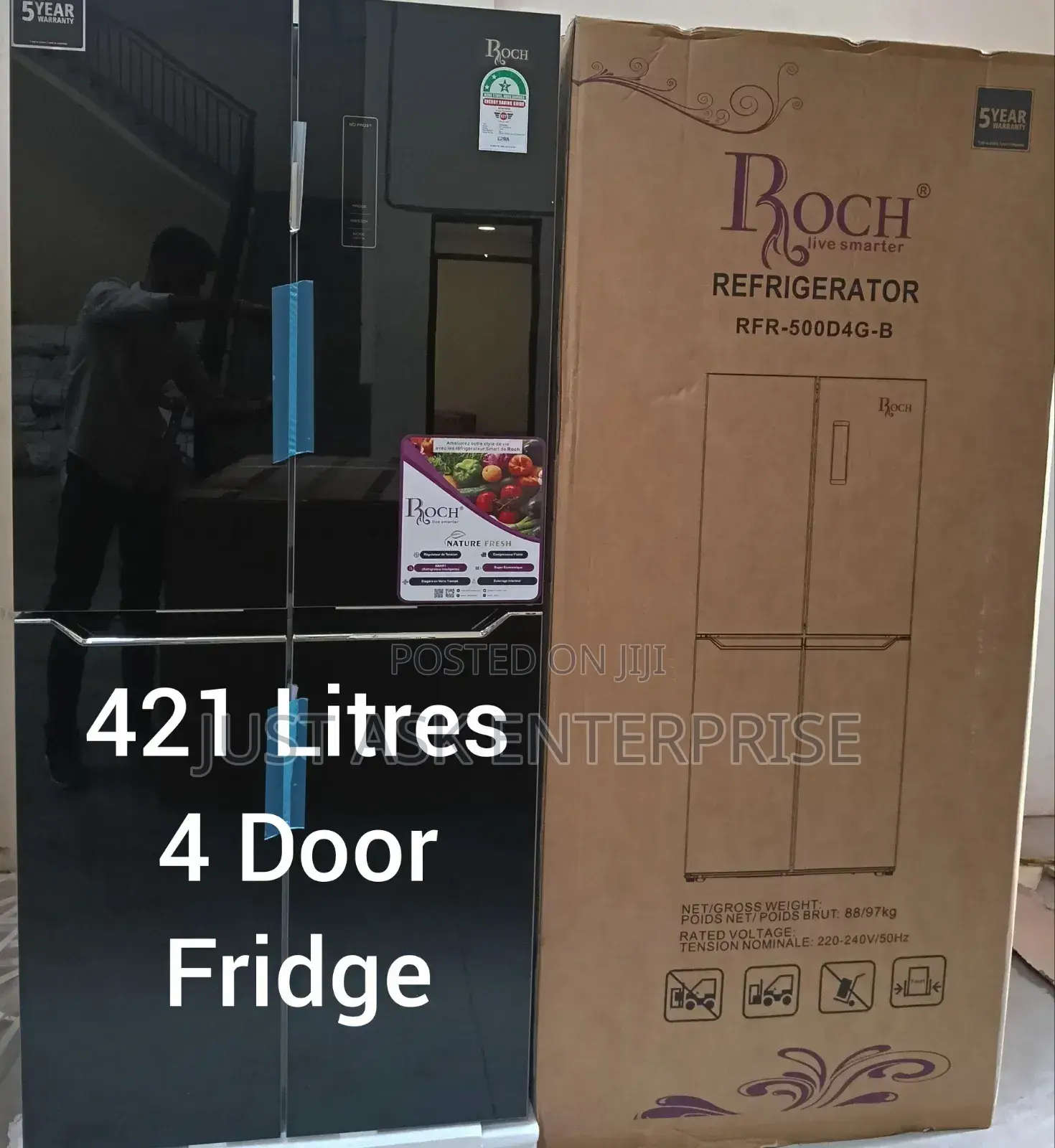 Roch 421 Litres Glass Designed Four Doors Fridge - Black