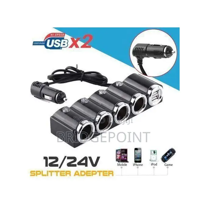12/24v Car Socket Splitter With 4 Female Outlets and 2 USB Ports