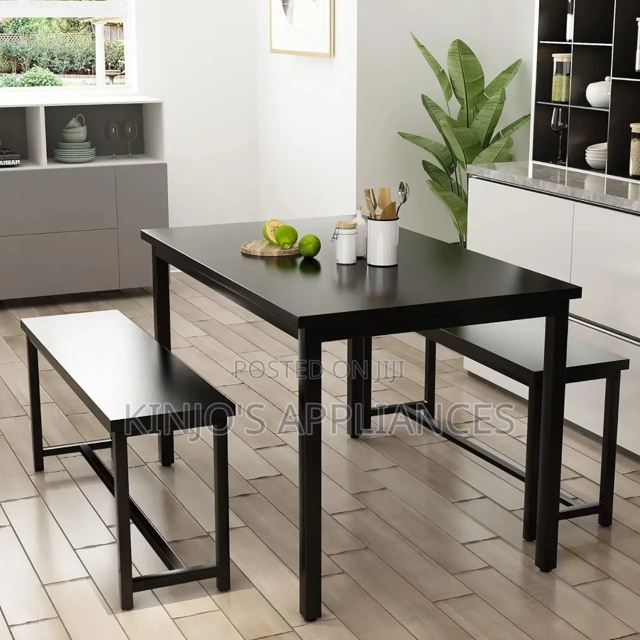 Diego Dining Table Set for 4 With 2 Benches Black Oak