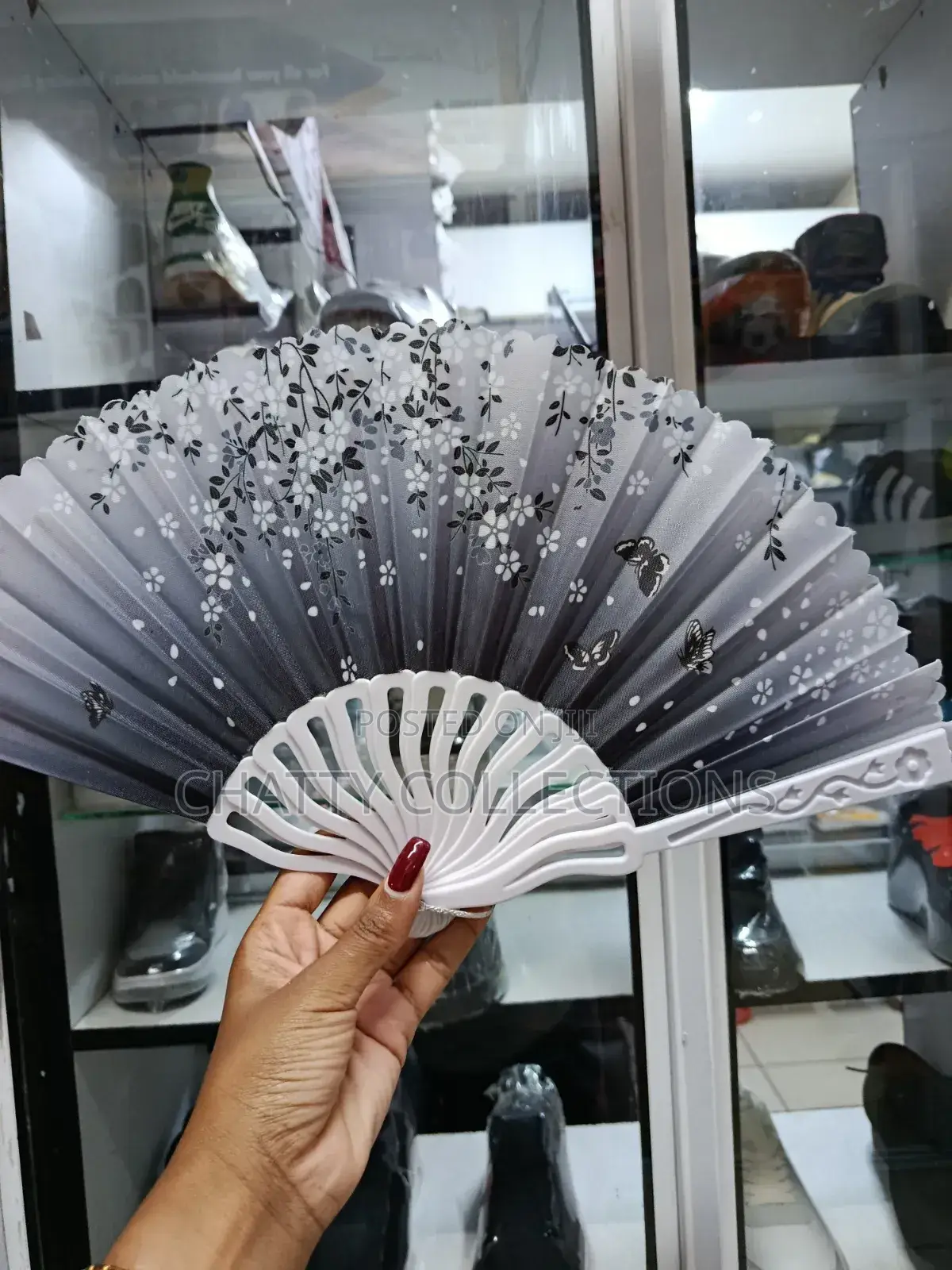Black and White Flowered Folding Ladies Hand Fans
