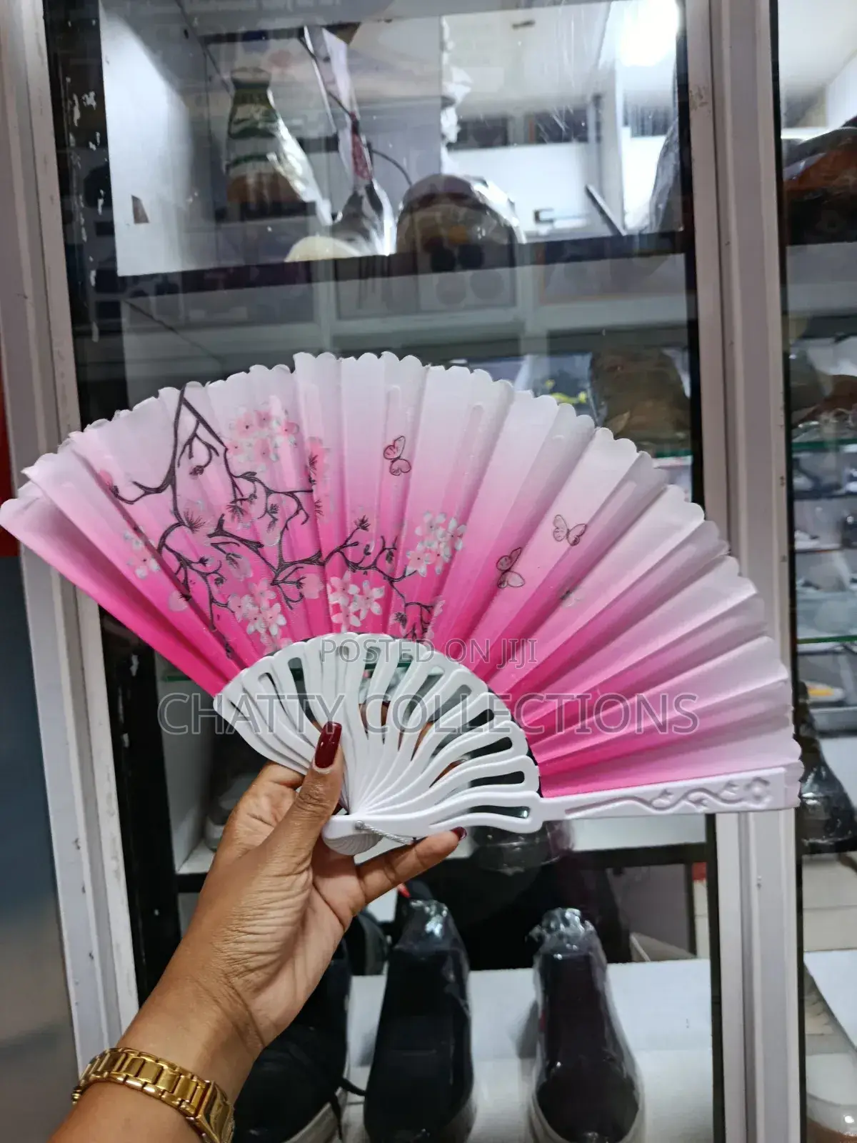 Pink and White Flowered Folding Ladies Hand Fans