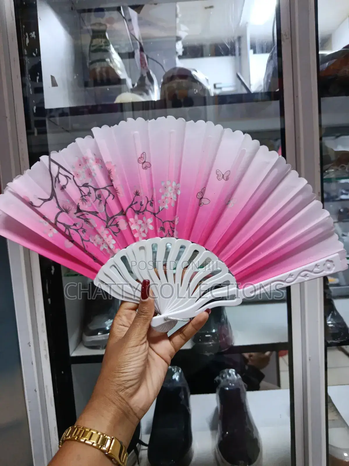 Pink and White Flowered Folding Ladies Hand Fans