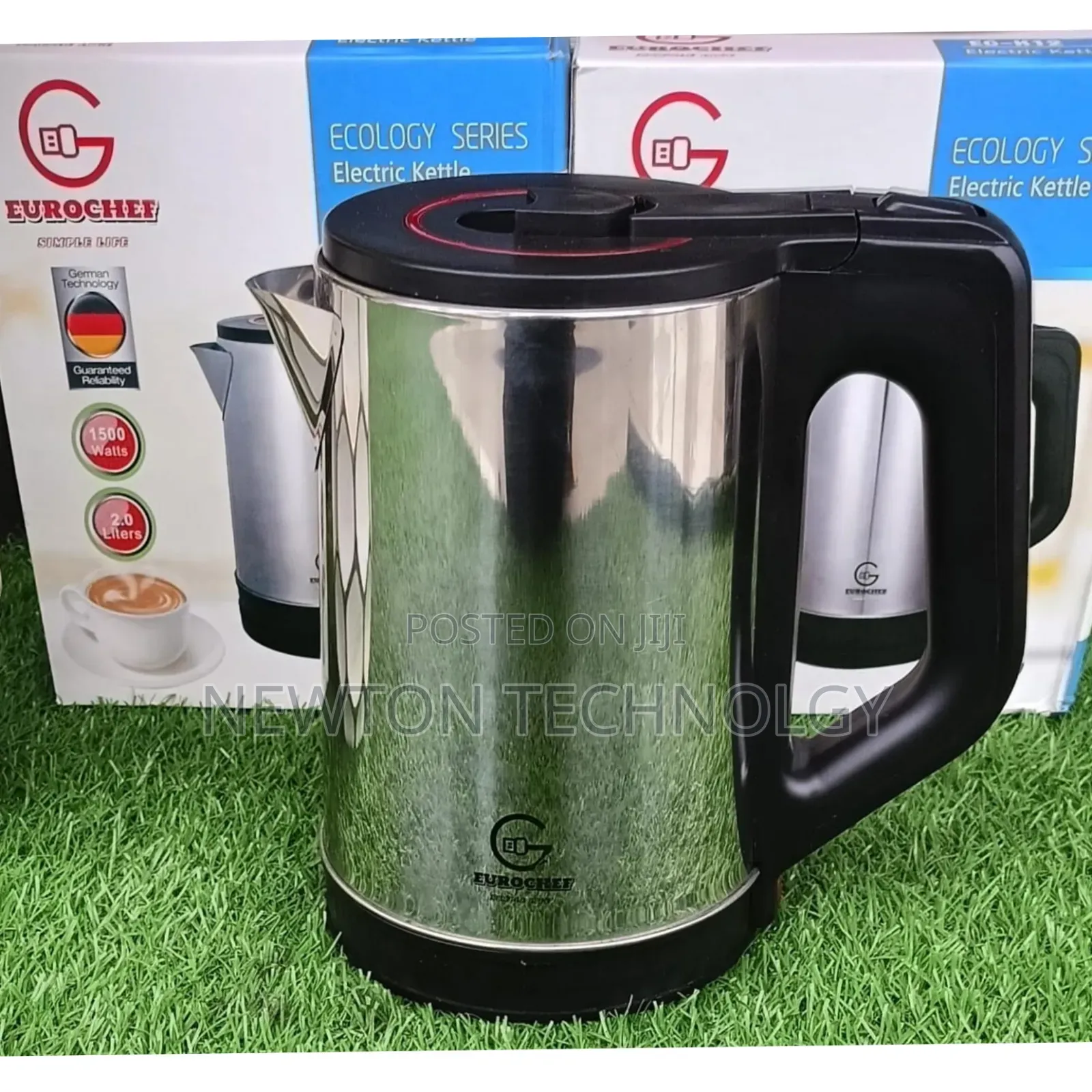 2 Litres Eurochef 3 Pin Plug 1 Metre Cable Stainless Steel Kettle