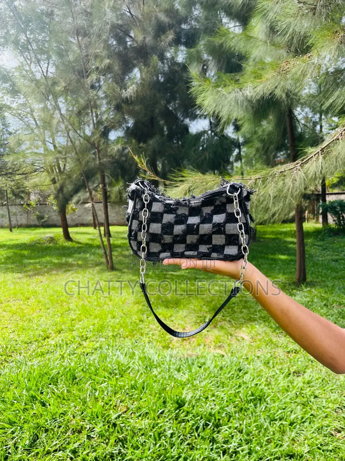 Black Checked Denim Shoulder Bags / Moon Bags With Zip