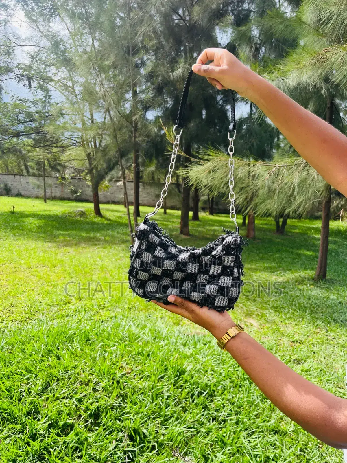 Black Checked Denim Shoulder Bags / Moon Bags With Zip