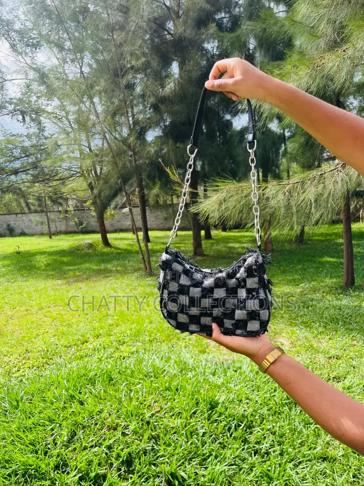 Black Checked Denim Shoulder Bags / Moon Bags With Zip