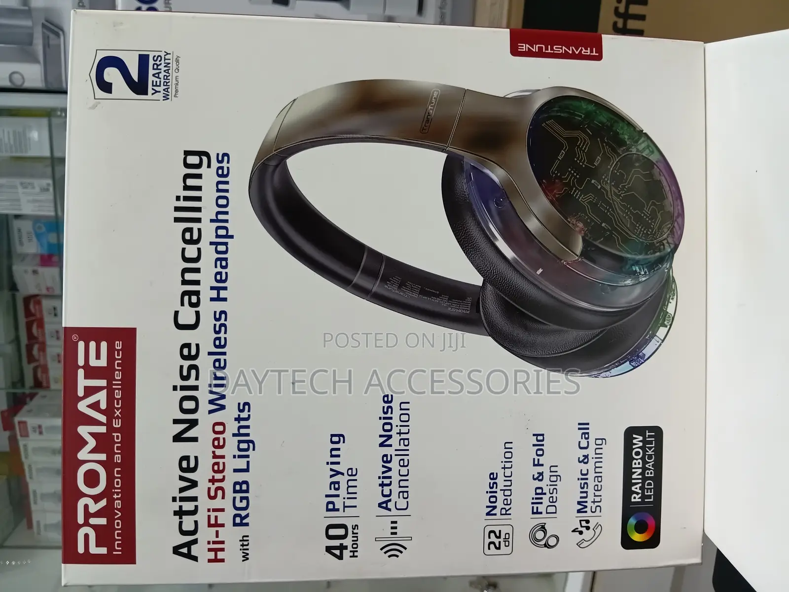 Promate Transtune-Gunmetal Headphones Anc Wireless With RGB