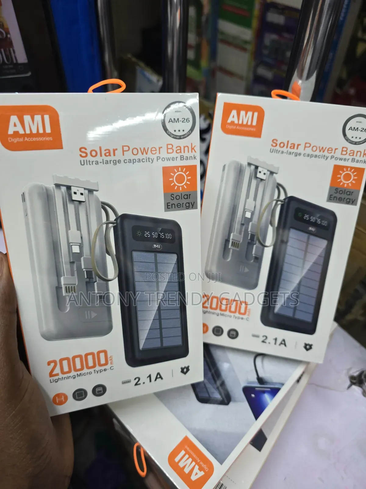 Ami 20000mah Solar Power Bank – Fast Charging + Built-in Cables