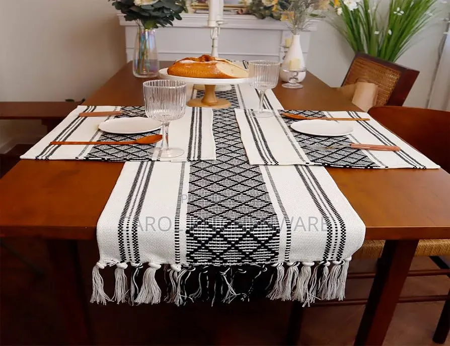 Braided Woven Textured Table Runner With Tassel+ 6 Mats.