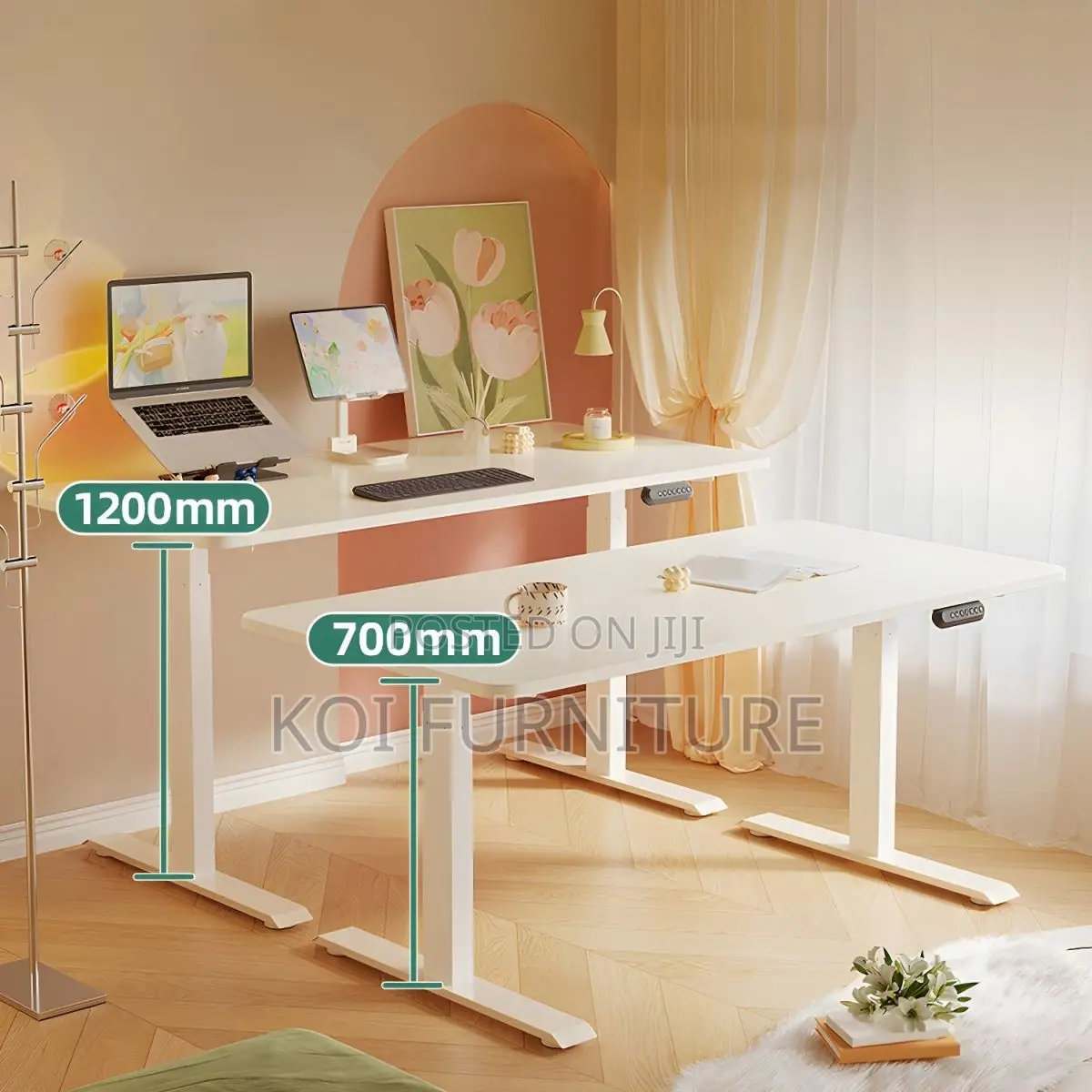 Office Table; 1400mm White Adjustable Electric Standing Table
