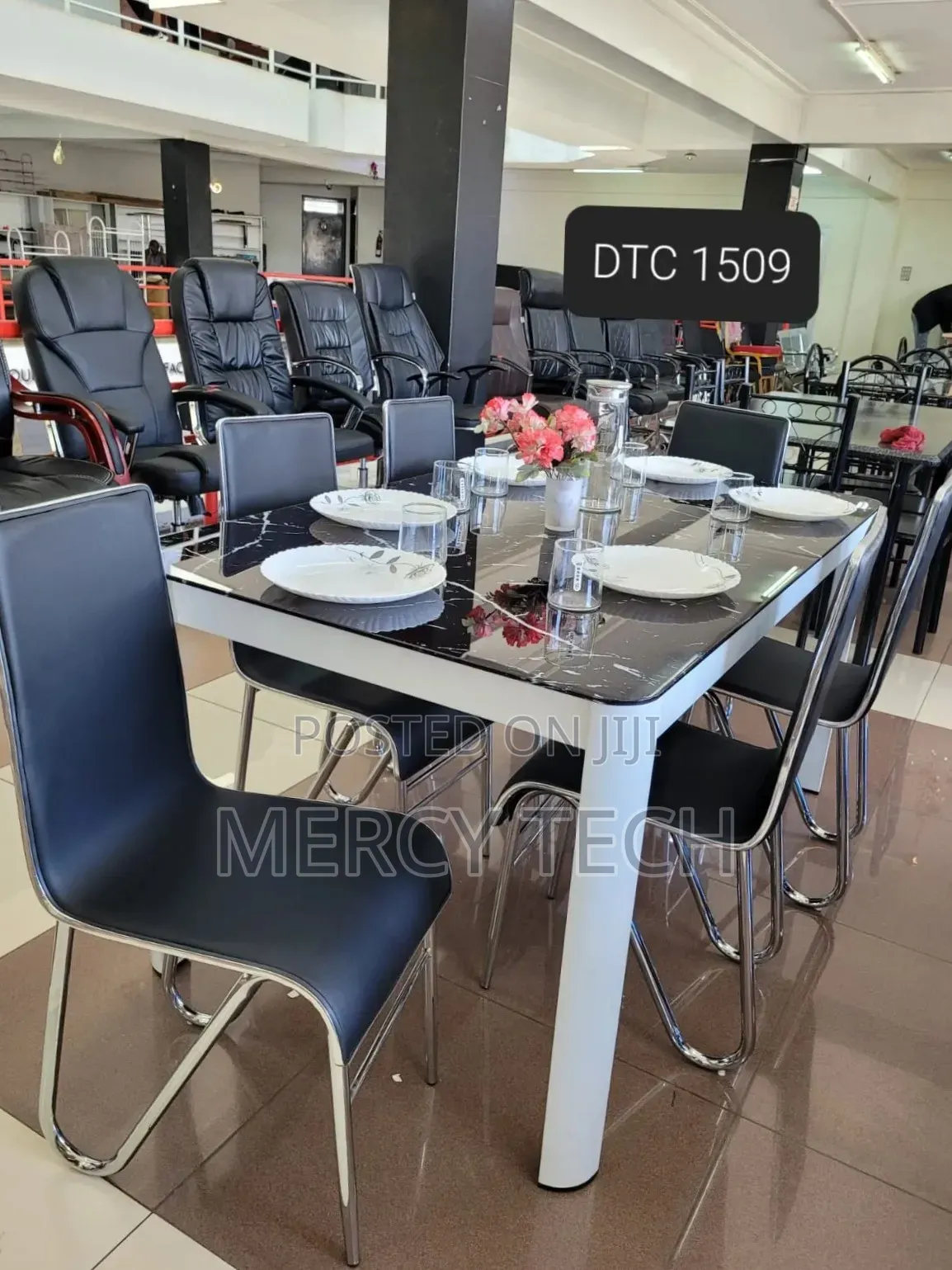 Modern 6-Seater Dining Set With Black Marble-Look Glass Top