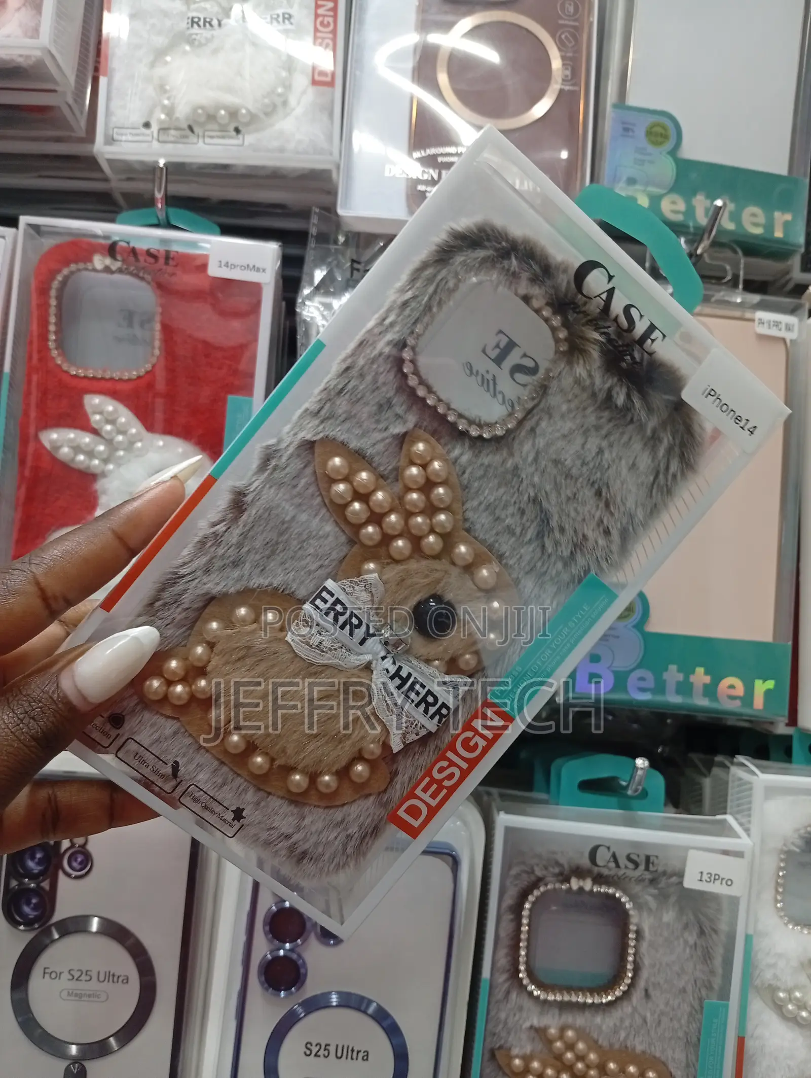 Brand iPhone 14 Phone Cover Featuring a Fuzzy Gray Plush Rabbit