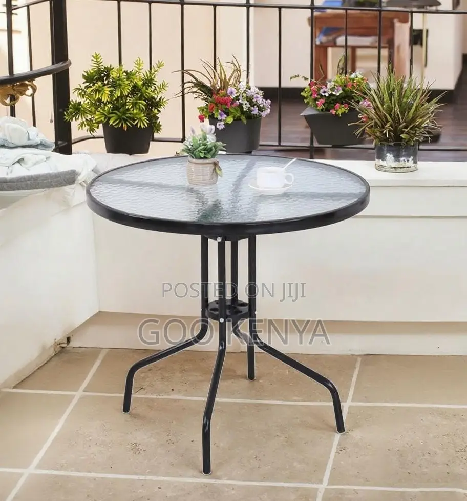 Dining Table; Durable Steel Frame Round Glass Top Table for Garden
