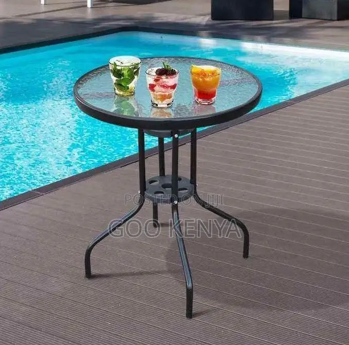 Dining Table; Durable Steel Frame Round Glass Top Table for Garden