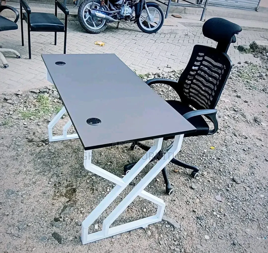 Headrest Office Chair +White Metallic Stand Office Table